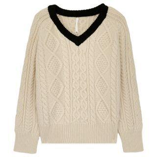 Long-sleeve V-neck Cable Knit Sweater Almond - One Size