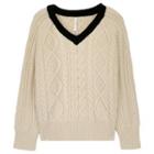 Long-sleeve V-neck Cable Knit Sweater Almond - One Size