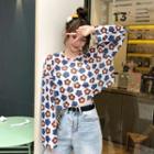 Long-sleeve Flower Print Mesh T-shirt