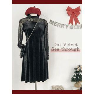 Mesh-panel Velvet Midi Flare Dress