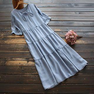 Short-sleeve Tie-neck Tiered Midi A-line Denim Dress Denim Blue - One Size