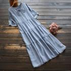 Short-sleeve Tie-neck Tiered Midi A-line Denim Dress Denim Blue - One Size