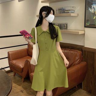 Short-sleeve Lapel Plain A-line Dress