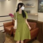 Short-sleeve Lapel Plain A-line Dress