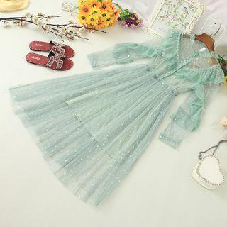 Set: Slipdress + Ruffle Long-sleeve Mesh Midi A-line Dress