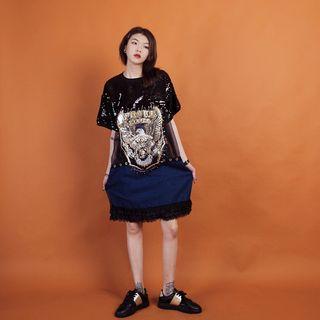 Short-sleeve Sequined T-shirt Black - One Size
