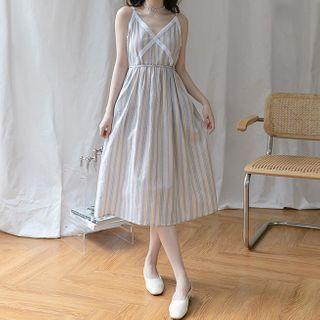 Contrast-trim V-neck Pinstripe Sleeveless Dress As Shown In Figure - One Size