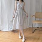 Contrast-trim V-neck Pinstripe Sleeveless Dress As Shown In Figure - One Size