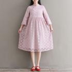 3/4 Sleeve Stand-collar Frog Button Plain Lace Dress