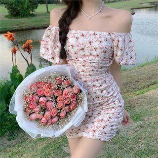 Short-sleeve Floral Print Mini Sheath Dress Red - One Size