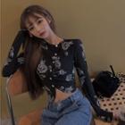 Irregular Hem Flower Print Long-sleeve T-shirt