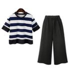 Set : Stripe Short-sleeve Top + Wide Leg Pants