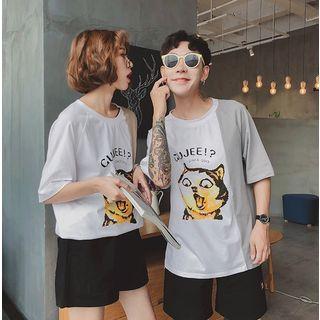 Couple Matching Color Panel Cat Print Short Sleeve T-shirt
