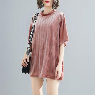 Elbow-sleeve Velvet Top Dark Pink - One Size