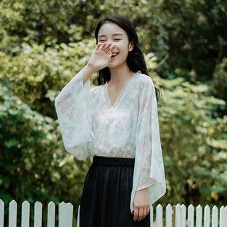 Flower Print Chiffon V-neck Long-sleeve Top White - One Size