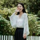 Flower Print Chiffon V-neck Long-sleeve Top White - One Size