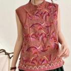 Sleeveless Embroidered Frog-button Linen Top