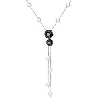 Elegant Black Rose Necklace With Fashion Pearls And Austrian Element Crystals Silver - One Size