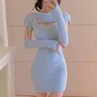 Set: Short-sleeve Cutout Knit Mini Bodycon Dress + Arm Sleeves Set Of 2 - Dress + Arm Sleeves - Blue - One Size