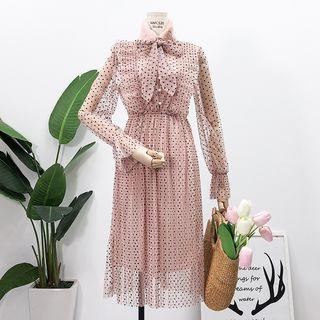 Furry-collar Ruffled Dotted Midi Dress