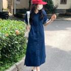 Lapel Oversize Denim Dress Denim Blue - One Size