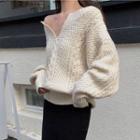 V-neck Chunky Knit Sweater / Ruffle Hem Straight-fit Knit Skirt