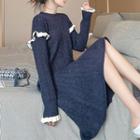 Ruffled Cable Knit Midi Sweater Dress