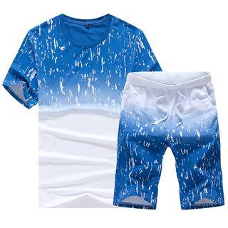 Set: Print Short-sleeve T-shirt + Drawstring Waist Shorts