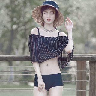 Set: Plain Bikini + Striped Cover-up + Pants