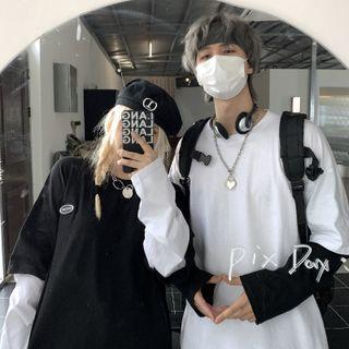 Couple Matching Long Sleeve Lettering Mock Two Piece Top