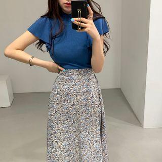 Short-sleeve Plain T-shirt Blue - One Size