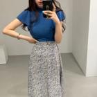 Short-sleeve Plain T-shirt Blue - One Size