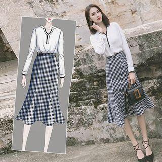 Set: Long-sleeve V-neck Top + Midi Plaid Mermaid Skirt