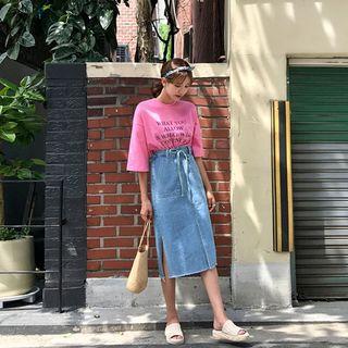 Paperbag-waist Slit Detail Denim Midi Skirt