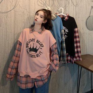 Mock Two-piece Long-sleeve Lettering Plaid Sweatshirt