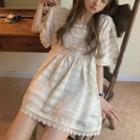 Short-sleeve Lace A-line Dress Beige - One Size