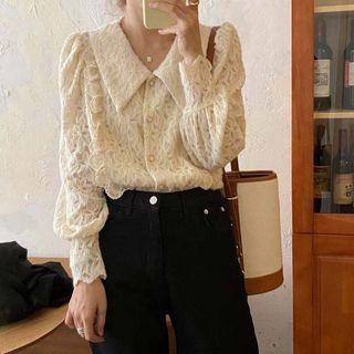 Long-sleeve Retro Lace Collared Top Almond - One Size