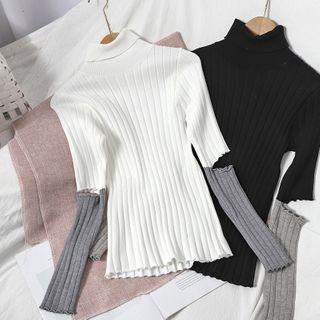 Turtleneck Cutout Two-tone Knit Top