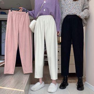 Plain Elastic-waist Corduroy Harem Pants