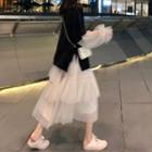 Mock Two-piece Embroidered Long-sleeve T-shirt / High-waist Mesh Midi Tiered Skirt