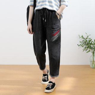 Drawstring-waist Embroidered Straight-cut Cropped Jeans