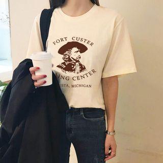 Elbow-sleeve Print T-shirt Almond - One Size