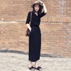 Plain Elbow-sleeve Midi Chiffon Dress