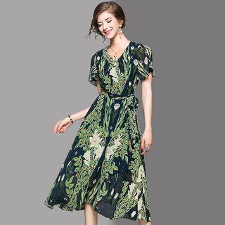 Tie-waist Printed A-line Midi Dress