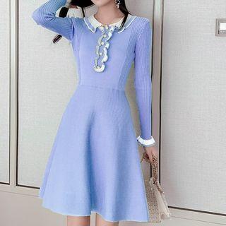 Long-sleeve Ruffle Trim Knit A-line Dress