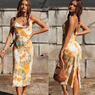 Spaghetti Strap Tie-dye Print Midi Sheath Dress