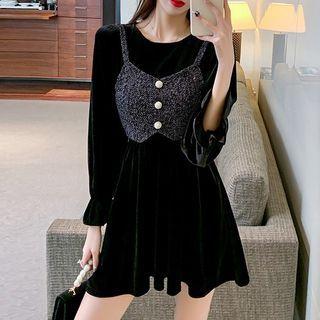 Set: Puff-sleeve A-line Velvet Dress + Glitter Camisole