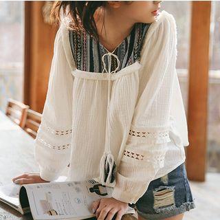 Long-sleeve Pattern Panel Tunic White - One Size