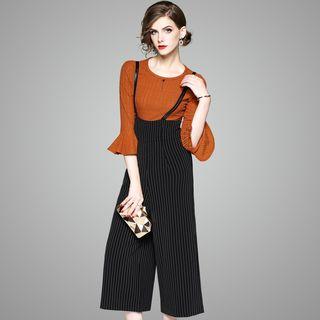 Set: Bell Sleeve Top + Suspender Wide-leg Pants