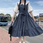 Short-sleeve Wide Collar Blouse / Tie-waist Midi A-line Overall Dress